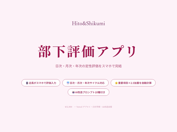部下評価アプリ｜多店舗スタッフ評価・加重スコア・CSV出力に対応した買い切り型ソースコード（AI改造プロンプト10種付き）