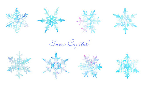 透明水彩で描いた雪の結晶のイラストセット【透過PNG】