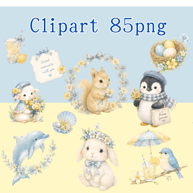 水色・黄色　うさぎ・りす・いるか・ひつじ・小鳥・ペンギン・85点CLIPart・クリップアート