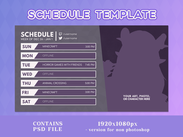 Purple Twitch Schedule | Streamer Assets | VTuber Graphics