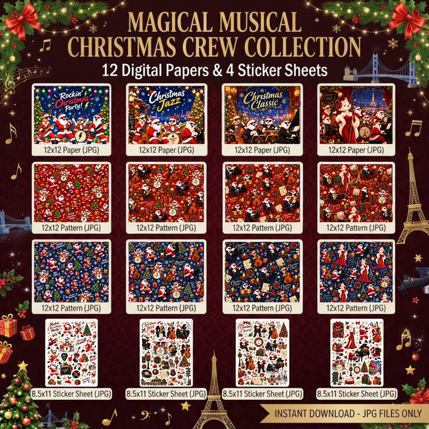 クリスマス デジタルペーパー セット、音楽をテーマにしたクリスマス・スクラップブック・ペ ーパー、ロック / ジャズ / クラシック / シャ ンソン、デジタル ステッカー、インスタント ダウンロード、JPG