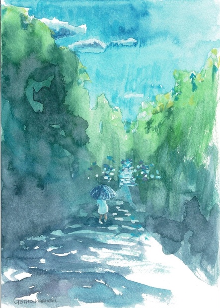 水彩画（原画）「川に下りていく木陰の道」 - gomaramen888