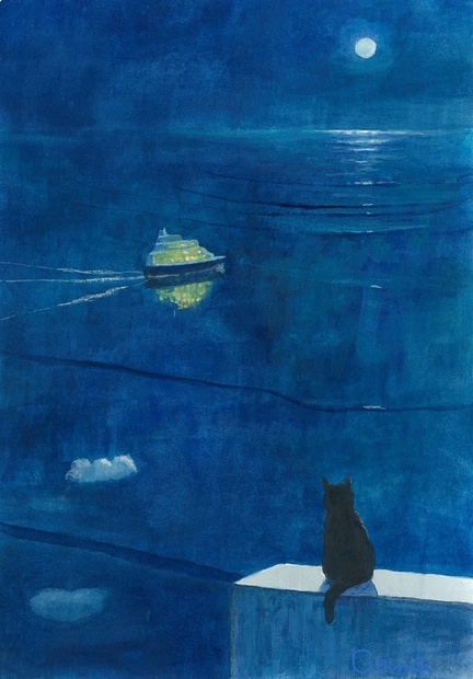 水彩画（原画のみで額はつきません）「ある月夜」