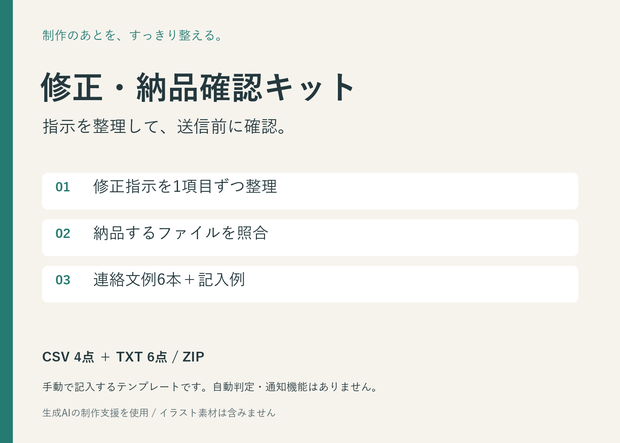 イラスト依頼の修正・納品確認キット｜編集用CSV＋連絡文例6本