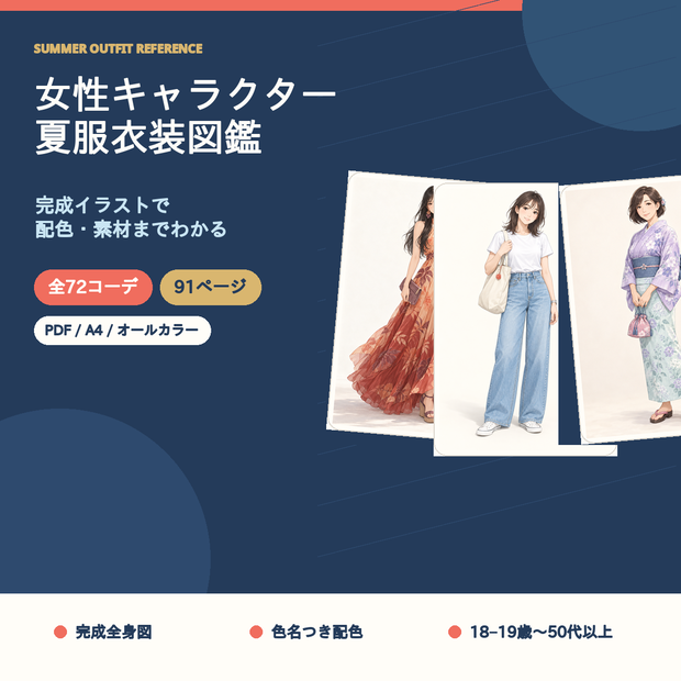 【全72コーデ・91P】女性キャラクター夏服衣装図鑑｜完成イラスト・配色・素材つき創作資料
