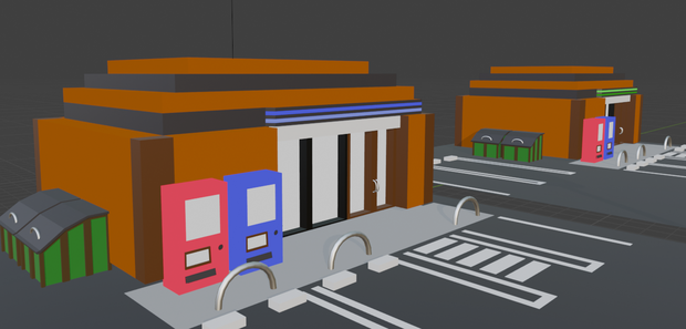 【LowPoly City Kit】日本のロードサイドコンビニセット - ５種パック（駐車場・自販機・小物付）