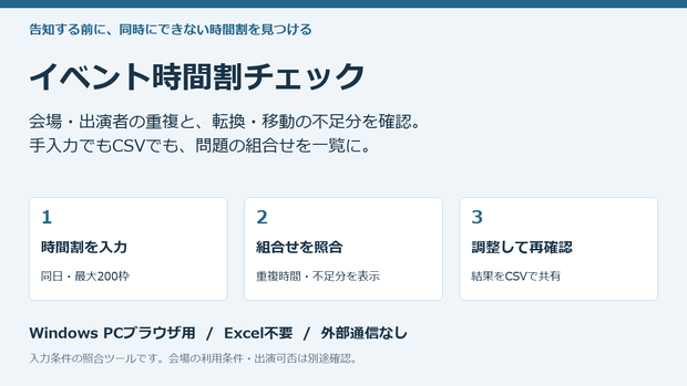 イベント時間割チェック｜会場・出演者の重複と転換時間を確認