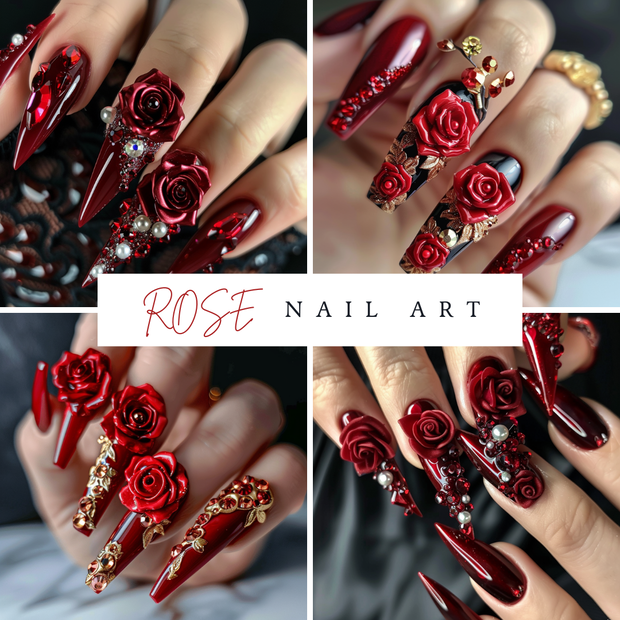 🔴【ネイルデザイン参考】豪華3D赤バラネイル10点セット💅🌹