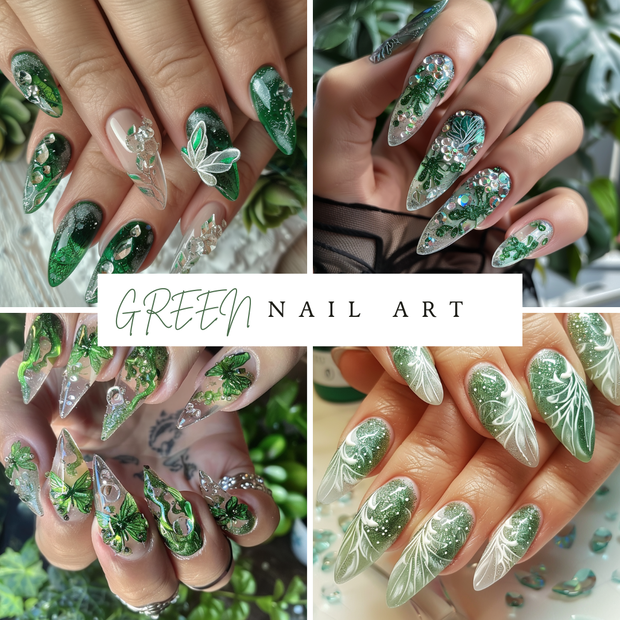 🍀【ネイル参考デザイン】Green Nature Nail｜癒しと輝きのグリーンネイル15点セット🍀