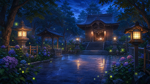 【サイズ選択・各5枚】夏の神社とホタル 配信背景素材｜商用利用可