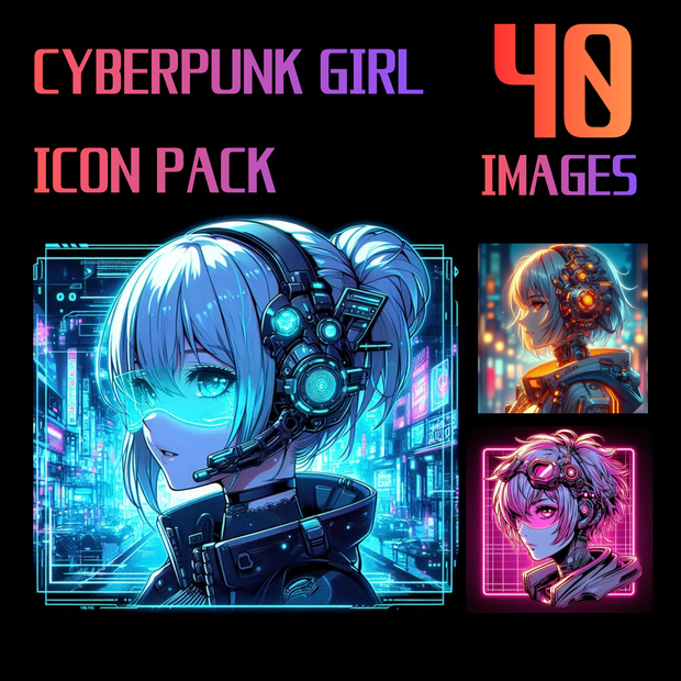 Cyberpunk Girl Icon Pack – Futuristic Neon Anime Profile Icons (40 Images)