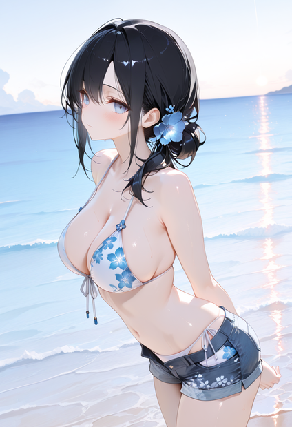 青い花の水着
