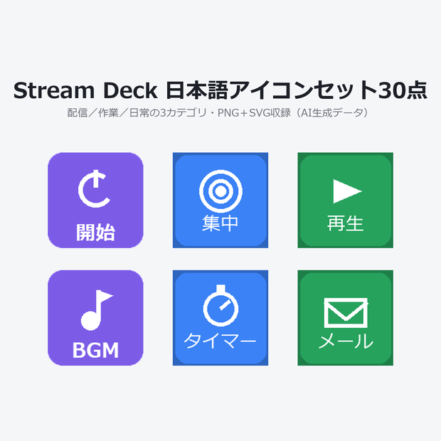 Stream Deck 日本語アイコンセット 30点【配信・作業・日常】