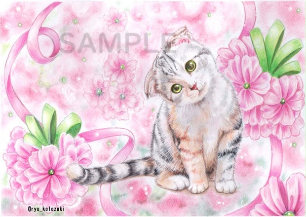 ねこイラスト 猫色鉛筆原画 絵 蝶と子猫 ハガキサイズ - インテリア