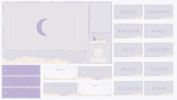 Purple Moon Sky Stream Overlay Pack - Twich, Youtube - Aesthetic - Cute - Clouds - Moon - Stars