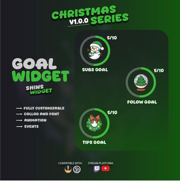 Round Goal Widget for Twitch & YouTube | Streamelement - Christmas Edition | Green