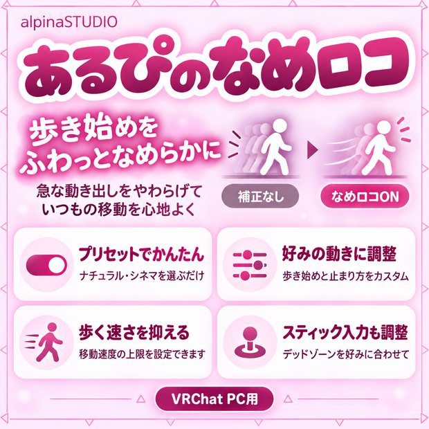 【無料トライアル版あり！】あるぴのなめらかロコモーション｜歩き始めがカクッとしない！デッドゾーン＆移動速度上限も設定できる！ドリフト軽減にも♡