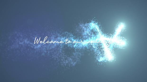 【動画素材】らせん軌道のパーティクルで現れる「Welcome to Our Wedding!」【ネイビーブルー】[Stock Video] Spiral Trails of Glitter Particles, Navy Blue BG