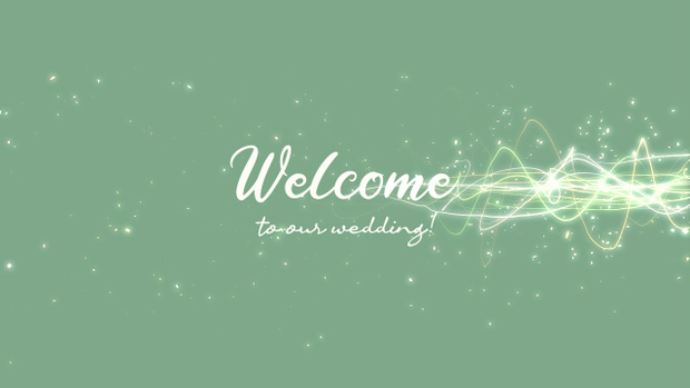 【クレジット表記不要の高解像度版】輝くうねうねラインとパーティクルの「Welcome to Our Wedding!」【モスグリーン】[High-res version with no attribution required] Winding Light Effects and Particles on Moss Green BG