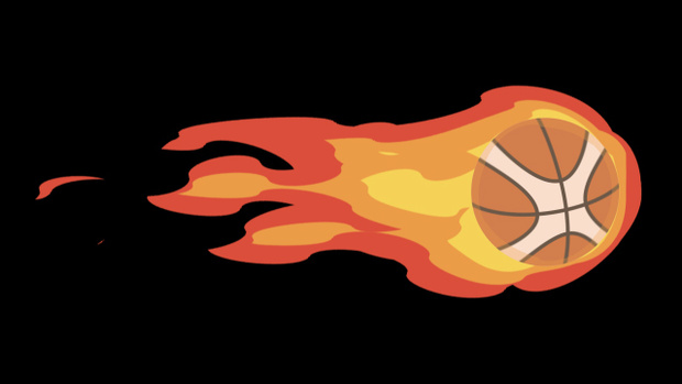【動画素材】バスケットボールが炎を纏って飛んでいるアニメーション【黒背景】[Stock Video] Flying Basketball with Fire Flames on Black Background, Loop Animation