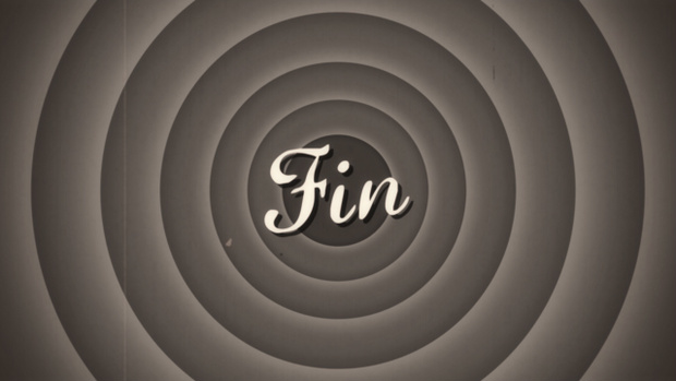 【動画素材】古い白黒フランスアニメーション風の丸背景と「Fin」[Stock Video] Fin, Vintage Black and White French Animation End Screen on Circle Background
