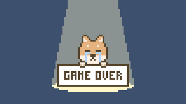 【動画素材】ドット絵で描かれた柴犬のゲームオーバー画面【ブルー系背景】[Stock Video] Game Over Screen of Pixel Art Shiba Inu on Bluish Background, Loop Animation