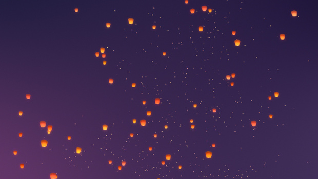 【動画素材】遠目から見たランタンフェスティバルのループアニメーション [Stock Video] Sky Lantern Festival Animation from Afar, Loop Background