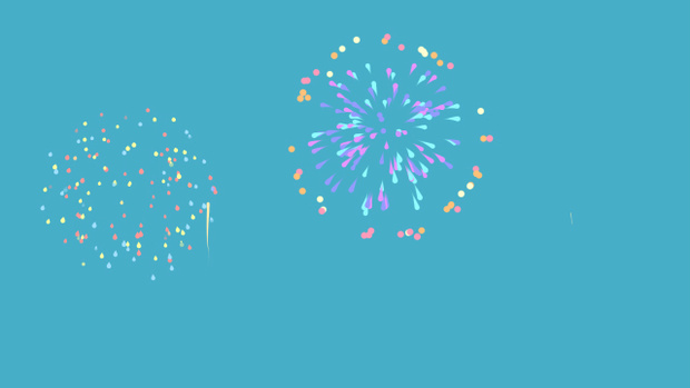 【動画素材】カラフルでかわいい打ち上げ花火のアニメーション【ライトブルー背景】[Stock Video] Cute Colorful Fireworks Animation on Light Blue Background, Loop