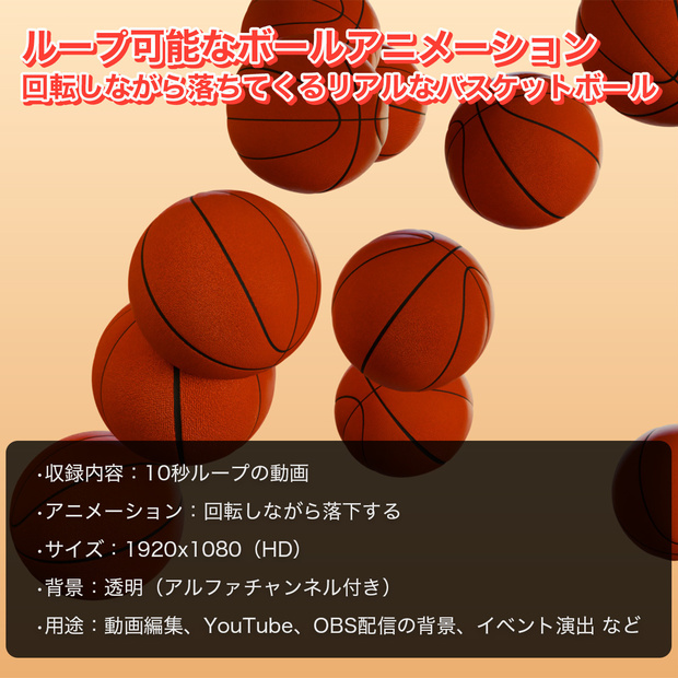 回転しながら降ってくるバスケットボール | ループする動画素材(10秒ループ)