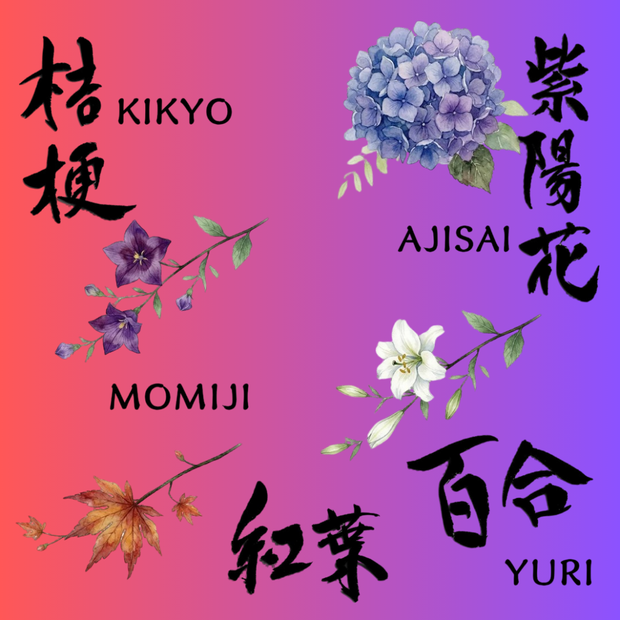 日本の花の水彩画クリップアート（桔梗・紅葉・紫陽花・百合）／直筆筆文字入り［背景透過PNG］