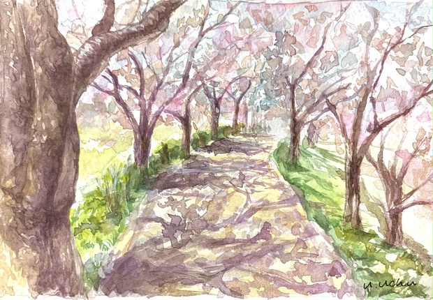 額付き水彩原画〈さよなら桜並木〉/はがきサイズ - uchuyurinchii