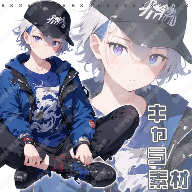 【035】キャラ素材_黒キャップ少年_銀髪
