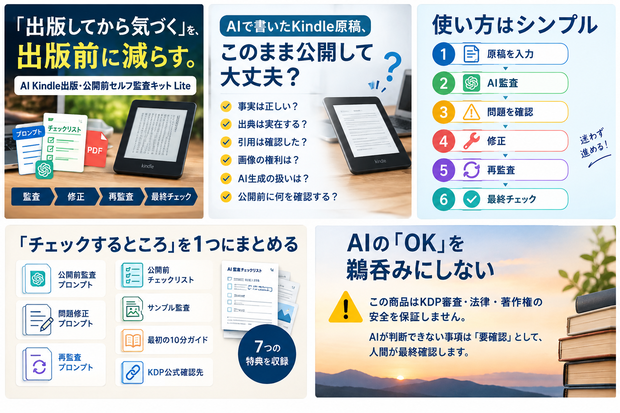 AI Kindle出版・公開前セルフ監査キット Lite｜AI原稿の事実・出典・権利・KDP確認