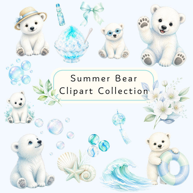 Summer Bear Clipart Collection｜夏のシロクマ クリップアート素材 32点｜PNG