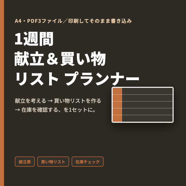 1週間献立＆買い物リスト プランナー｜献立表・カテゴリ別買い物リスト・在庫チェックシート（A4・PDF3点）
