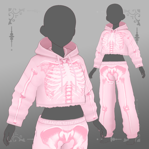 VRoid ピンクスケルトン スウェットパンツとパーカーのセット / VRoid Pink Skeleton Sweatpants and Hoodie Set
