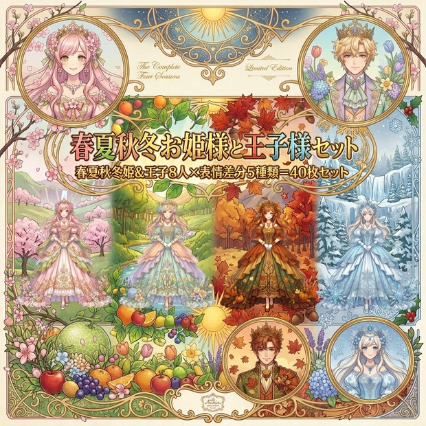 AIキャラ素材集 春夏秋冬お姫様と王子様立ち絵40枚セット(表情差分5種)