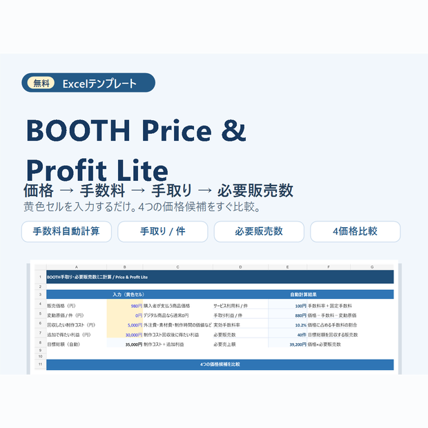 【無料】BOOTH手数料・手取り・必要販売数を自動計算するExcel｜Price & Profit Lite