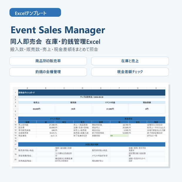 同人即売会 在庫・売上・釣銭管理Excel｜現金差額・販売率を自動計算 Event Sales Manager