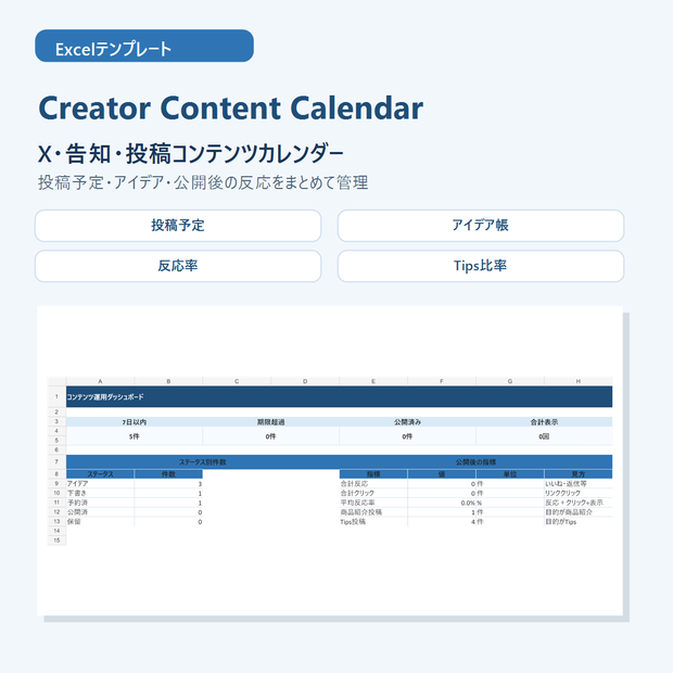 X・告知・投稿管理Excel｜コンテンツカレンダー・反応分析 Creator Content Calendar