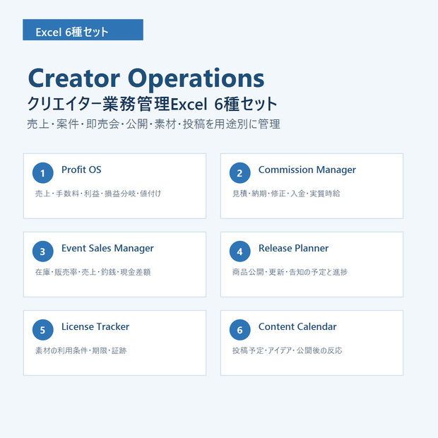 クリエイター業務管理Excel 6種セット｜売上・案件・即売会・公開・素材・投稿を一括管理