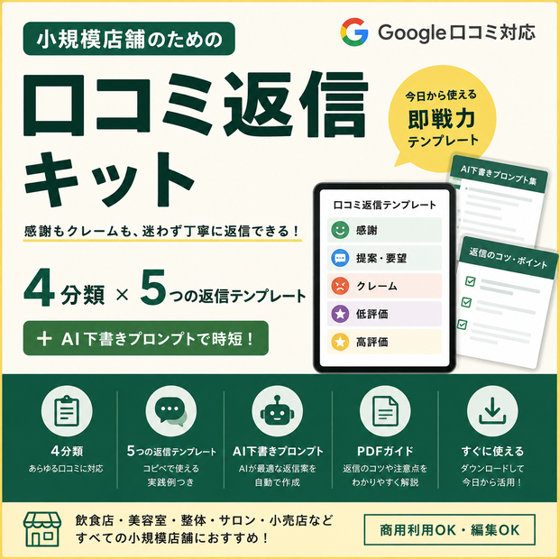 小規模店舗向け 口コミ返信キット｜4分類・5つの返信テンプレート・AI下書きプロンプト