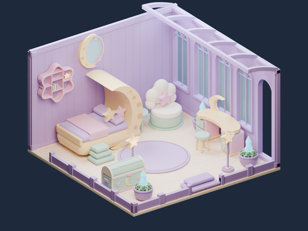 【VRChat向け3Dルーム素材】ゆめかわ・パステルな月灯りのおもちゃ温室｜PC / Quest Lite