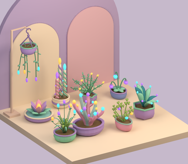 【Unity・3D植物素材】パステルの鉢植え9種セット｜草晶の夢庭