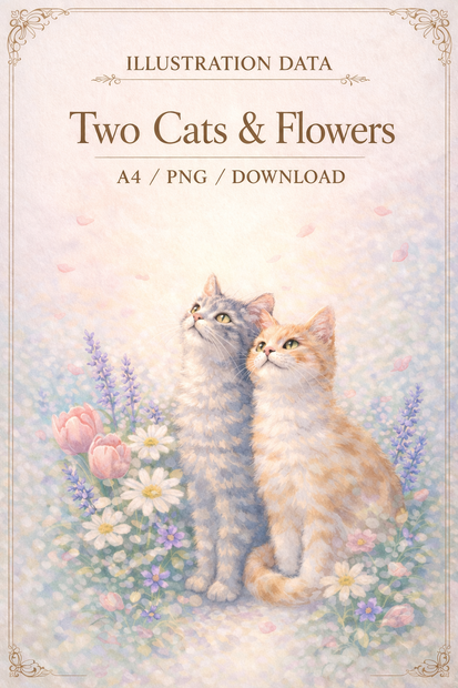 Two Cats & Flowers – Elegant Illustration Data (A4 PNG Download)