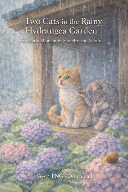 Two Cats in the Rainy Hydrangea Garden – Commercial Use Illustration (A4 PNG Download)