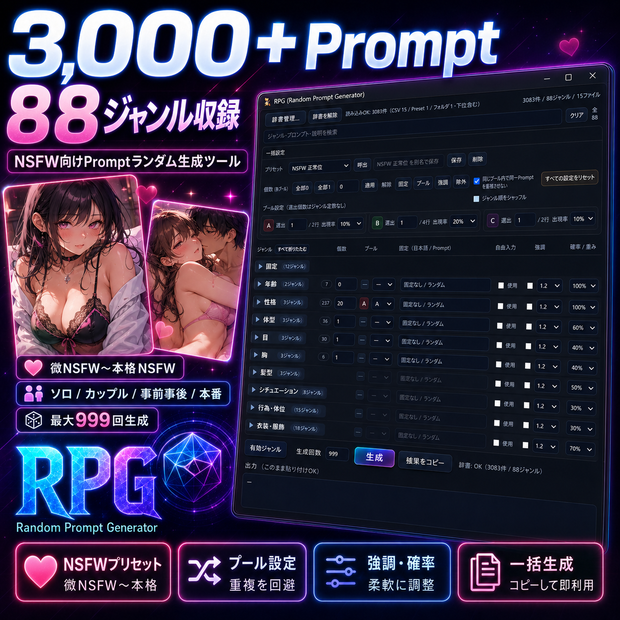 【3,000+プロンプト・88ジャンル・10プリセット収録】ルールを組めるランダムプロンプト生成ツール｜RPG - Random Prompt Generator
