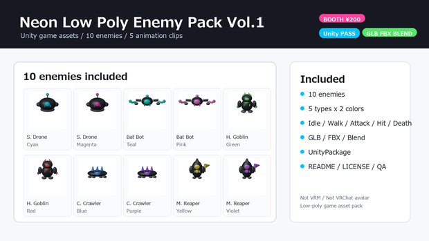 Neon Low Poly Enemy Pack Vol.1 - Unity対応 ローポリ敵キャラ10体セット