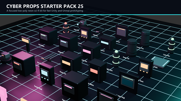 NWX-P01: 25 Low-Poly Neon Cyber Props for Unity & Unreal