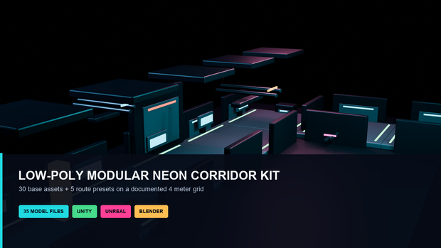 Low-Poly Modular Neon Sci-Fi Corridor Kit - 30 Assets + 5 Route Presets